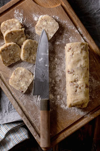 Cutting Homemade Shortbread Dough Cooking Sugar Cookies Nuts White Chocolate — Fotografia de Stock