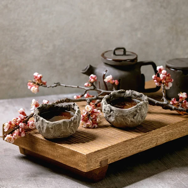 Tea Drinking Wabi Sabi Japanese Style Dark Clay Cups Teapot — Stock Photo, Image