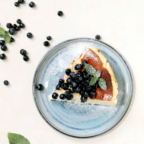 Piece Homemade Blueberry Baked Soft Cheesecake San Sebastian Ceramic Plate — стоковое фото