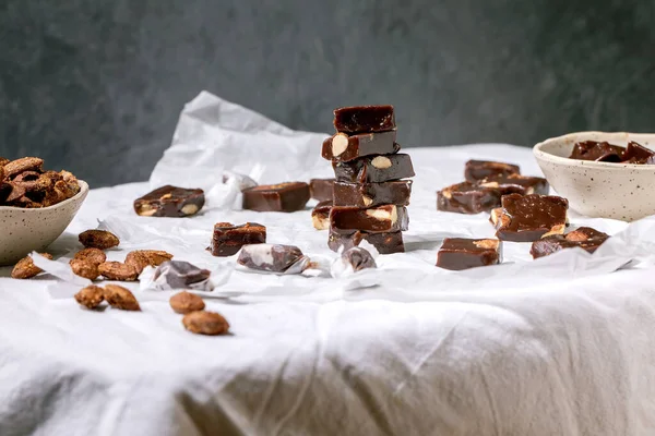 Homemade Toffee Salted Caramel Chocolate Almond Nuts Candy Crumpled Paper — Stock Photo, Image