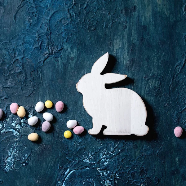 Easter Greeting Card Wooden Rabbit Decoration Colorful Candies Classic Blue — Stock Photo, Image