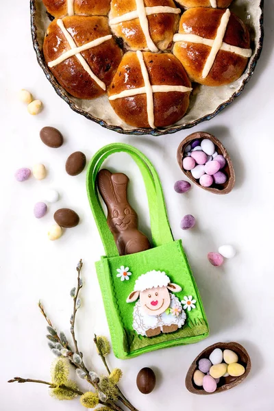 Easter Greeting Card Chocolate Sweets Rabbit Green Bag Hot Cross — Stock Photo, Image