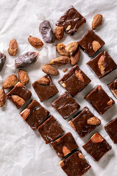 Homemade Toffee Salted Caramel Chocolate Almond Nuts Candy Crumpled Paper — Stock Photo, Image
