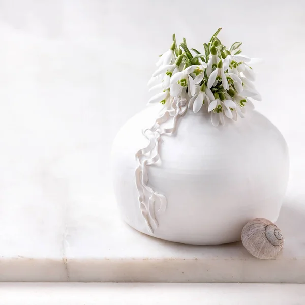 白色瓷瓶中的一丛簇新鲜的雪花 白色大理石桌上有蜗牛壳 春天的作曲正方形图像 — 图库照片