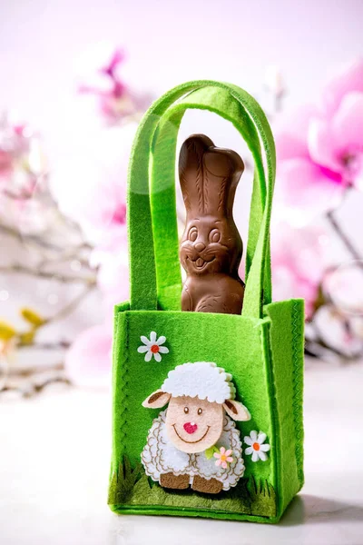 Easter Greeting Card Chocolate Sweets Rabbit Green Bag Lamb Willow — Stock Photo, Image