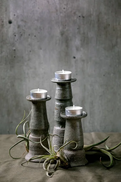 Three Different Size Craft Ceramic Candle Holderswith Plant Composition Tillandsia — Stock Photo, Image