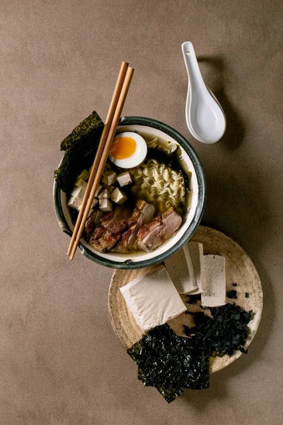 Asian Style Soup Ramen Noodles Grilled Duck Breast Tofu Seaweed — Stock Photo, Image