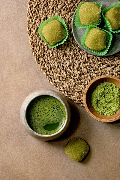Asian Rice Dessert Sweet Green Matcha Mochi Cup Frothed Matcha — Stock Photo, Image