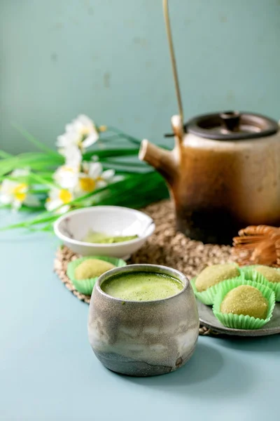 Asian Traditional Rice Dessert Sweet Green Matcha Mochi Cup Frothed — Stock Photo, Image