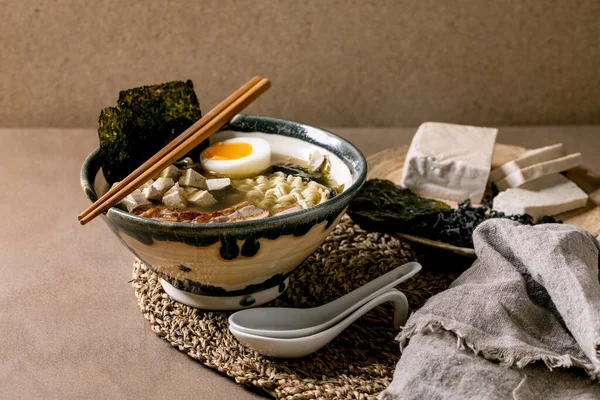 Homemade Asian Style Soup Ramen Noodles Grilled Duck Breast Tofu — Stock Photo, Image