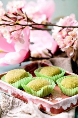 Mavi masadaki pembe seramik tabakta geleneksel Asya pirinç tatlı tatlı yeşil kibrit mochi. Arka planda bahar pembe çiçekleri.
