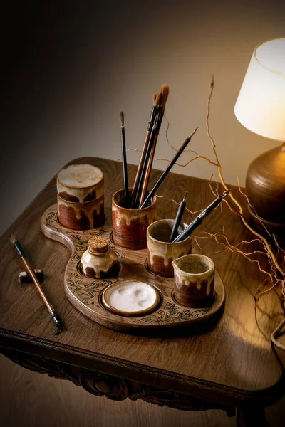 Handcrafted Ceramic Set Painting Calligraphy Stylish Wooden Seat Brushes Calligraphy — Stock Photo, Image