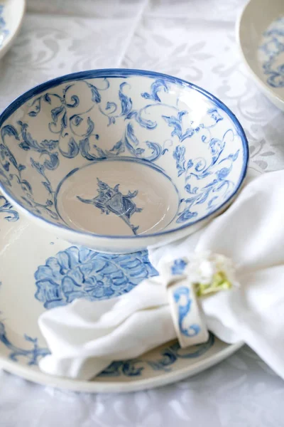 Elegant Easter Table Setting Empty Marine Ornament Painted Porcelain Tableware — Stock Photo, Image