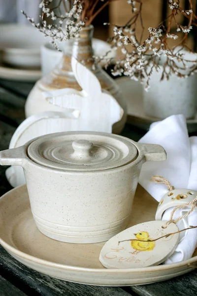 Rustic Easter Table Setting Empty Craft Ceramic Tableware Cooking Pot — Stock Photo, Image