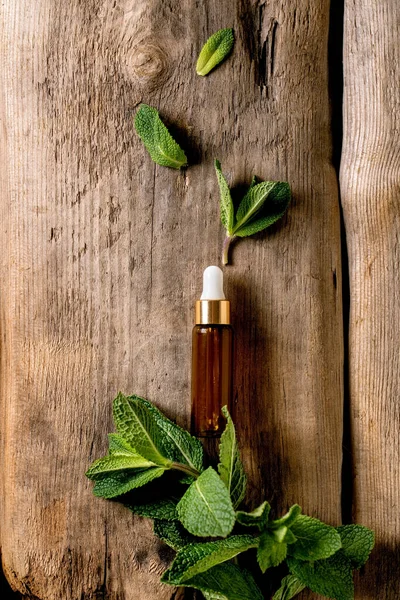Biologische Essentiële Munt Aroma Cosmetische Olie Uit Verse Ingrediënten Glazen — Stockfoto
