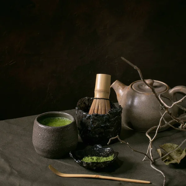 Teh Hijau Panas Tradisional Jepang Matcha Dalam Cangkir Keramik Bubuk — Stok Foto
