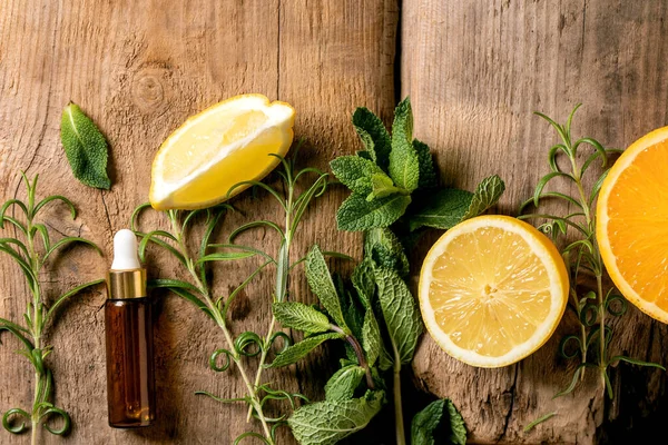 Aromero Esencial Ecológico Menta Limón Naranja Aceite Cosmético Ingredientes Frescos —  Fotos de Stock