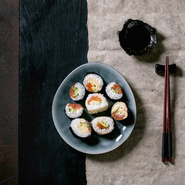 Homemade Sushi Rolls Set Salmon Japanese Omelette Avacado Soy Sauce — Stock Photo, Image