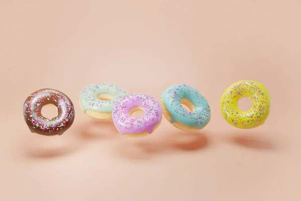 Realista Levitação Vitrificada Donuts Render Donuts Com Diferentes Esmaltes Chocolate — Fotografia de Stock