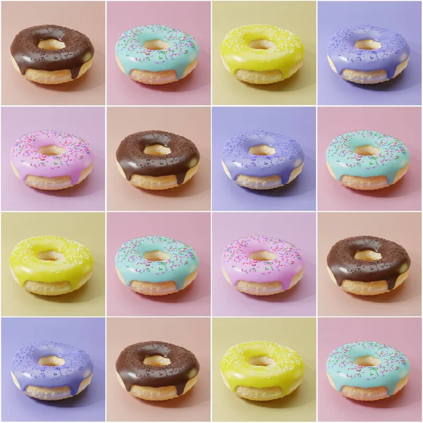 Realista Grande Rosquinha Sem Costura Padrão Renderizar Muitos Donuts Diferentes — Fotografia de Stock