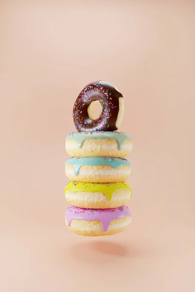 Pilha Realista Vidros Donuts Render Donuts Com Diferentes Esmaltes Chocolate — Fotografia de Stock
