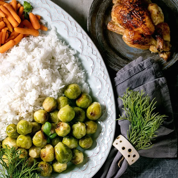 Christmas New Year Dinner Table Grilled Chicken Rice Vegetables Baked Royalty Free Stock Photos