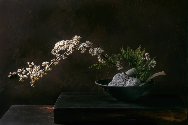 Ikebana Primavera Composição Floral Minimalista Com Flores Brancas Florescendo Primavera — Fotografia de Stock