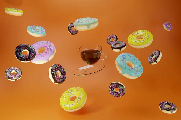 Realistic Glazed Levitation Donuts Coffee Render Donuts Different Chocolate Fruit — Stock Photo, Image
