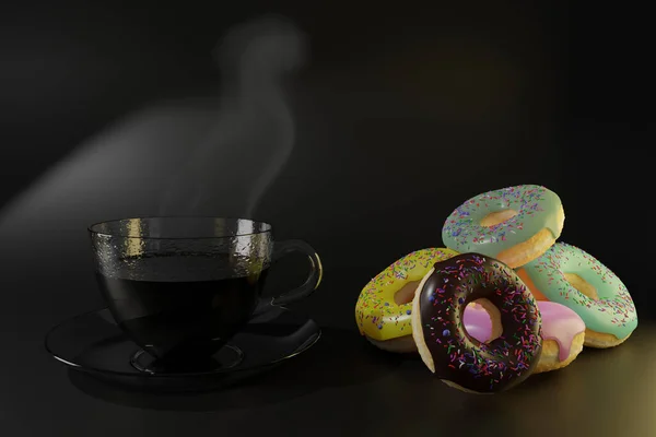 Donuts Levitação Vitrificada Realista Renderização Café Donuts Com Diferentes Esmaltes — Fotografia de Stock