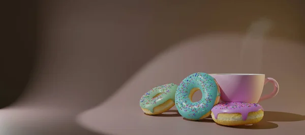 Donuts Levitação Vitrificada Realista Renderização Café Donuts Com Diferentes Esmaltes — Fotografia de Stock