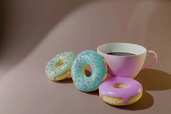 Donuts Levitação Vitrificada Realista Renderização Café Donuts Com Diferentes Esmaltes — Fotografia de Stock