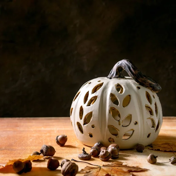 Halloween Thanksgiving Decorations White Handcrafted Carved Ceramic Pumpkin Standing Orange — Stock Photo, Image