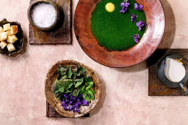 Assiette Purée Ortie Printanière Servie Avec Jaune Caille Fleurs Violettes — Photo