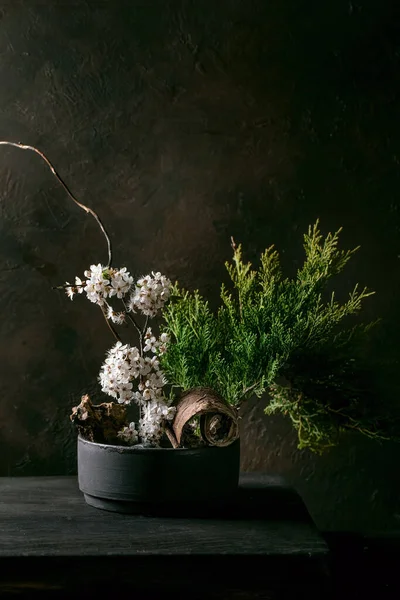 春天Ikebana 花朵构图 春花盛开 枝条和石子镶嵌在黑色陶瓷碗中 屹立在黑色木桌上 日本风格的家居装饰 — 图库照片