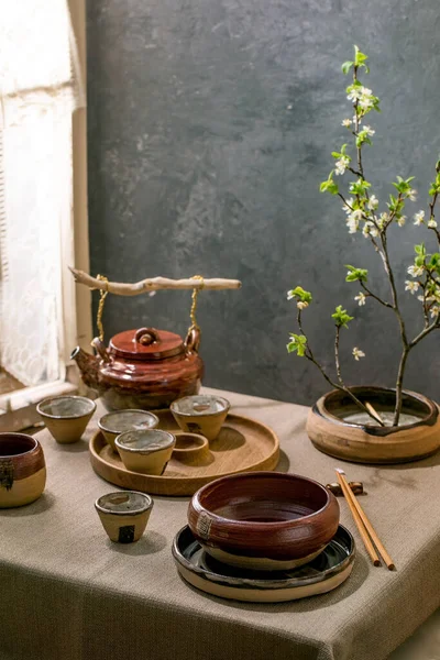 Japanese Asian Style Table Setting Empty Craft Ceramic Tableware Brown — Stock Photo, Image