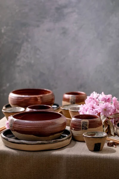 Japanese Asian Style Table Setting Empty Craft Ceramic Tableware Brown Ліцензійні Стокові Фото