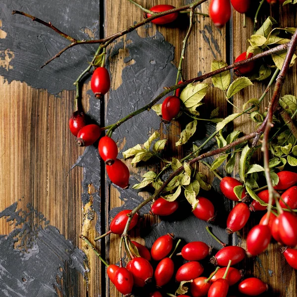 Rose Hip Berries Branch Leaves Old Wooden Plank Background Autumn – stockfoto