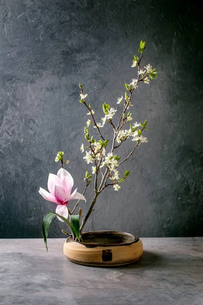 Spring Ikebana Floral Composition Spring Blooming Magnolia Plum Branch Flowers — Stock Photo, Image