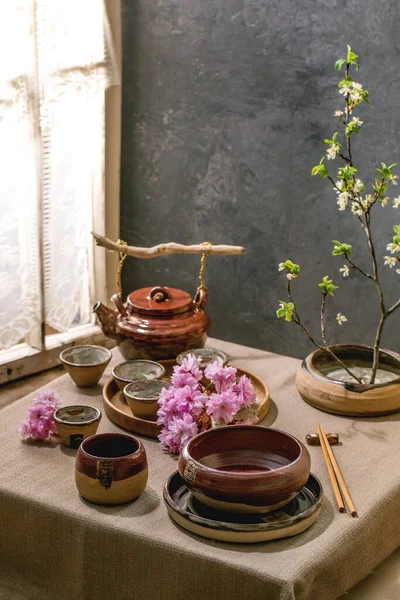 Japanese Asian Style Table Setting Empty Craft Ceramic Tableware Brown — Zdjęcie stockowe