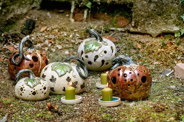 Halloween Thanksgiving Garden Decorations Set Different Hand Crafted Ceramic Pumpkins Stock Photo