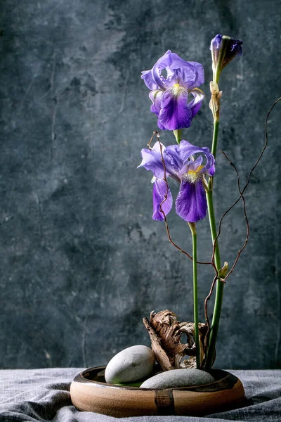 Spring Ikebana Floral Composition Spring Blooming Lilac Irises Flowers Bark — Stock Photo, Image