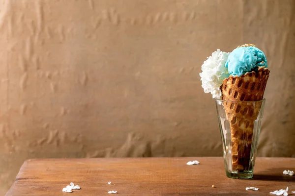 Turquoise Ice Cream White Flowers Waffle Cone Standing Transparent Glasses Royalty Free Stock Photos
