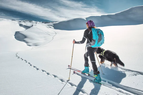 Une Femme Skieuse Alpiniste Avec Son Chien Bien Aimé Seul — Photo