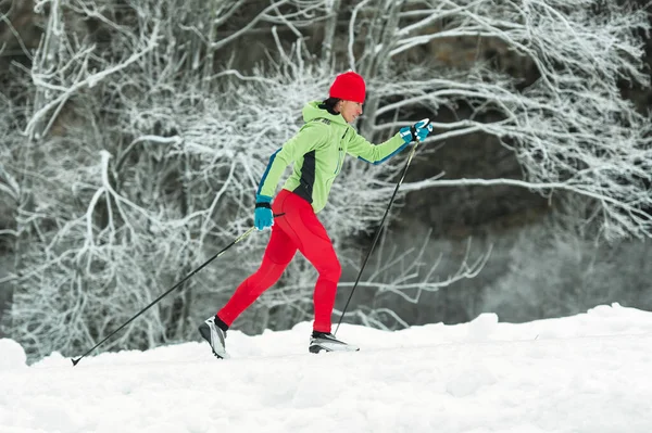 Athletic Woman Practicing Cross Country Skiing Classic Technique — Stock Fotó