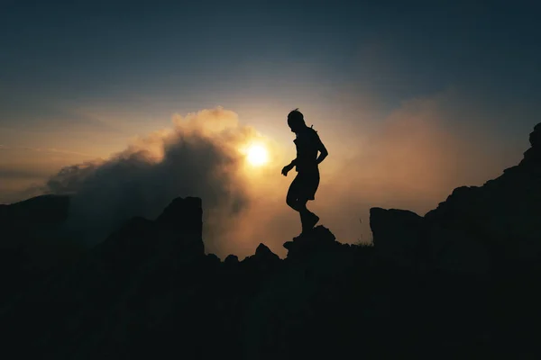 Man Silhouette Sunset Walks Rocky Ridge Solitary Meditation — Photo