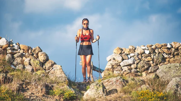 Relaxed Moments Young Sportswoman Trek Poles — Stock Photo, Image