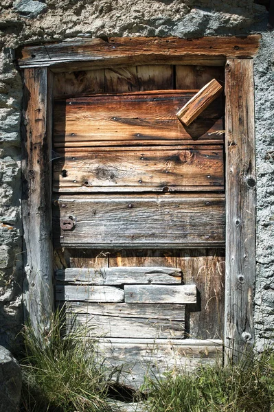 Porte Bois Antique Dans Une Cabane Alpine Dans Nord Italie — Photo