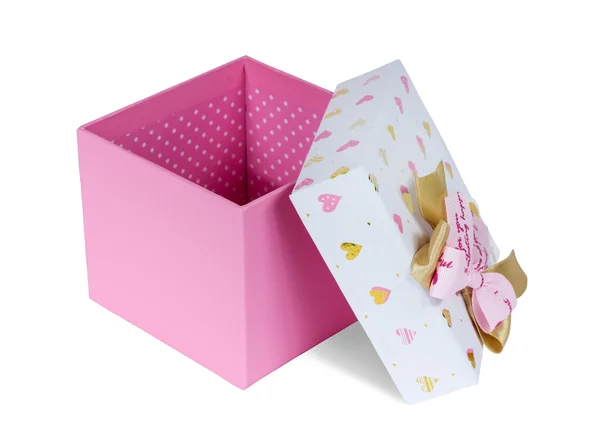 Caja de regalo rosa abierta con lazos dorados y rosados — Foto de Stock