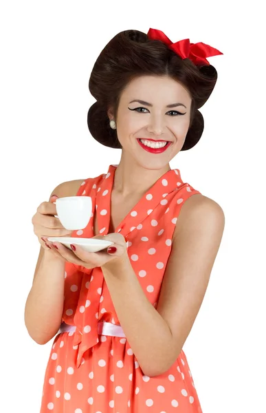 한 잔의 커피와 핀-업 스타일 여자의 초상화 — 스톡 사진