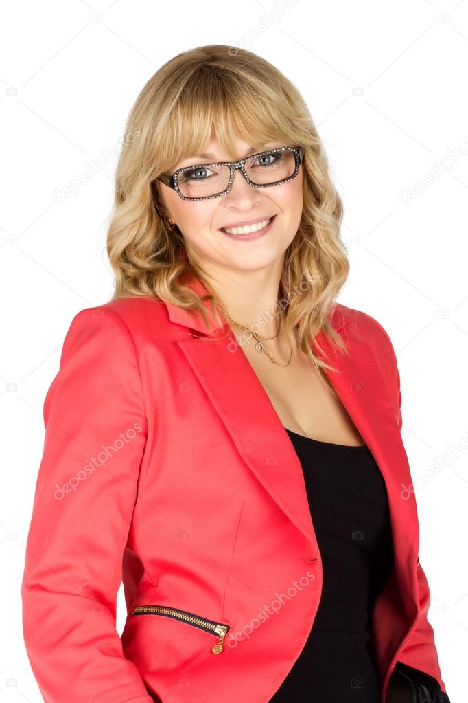 Blonde woman in red jacket looking on camera (isolated on white)